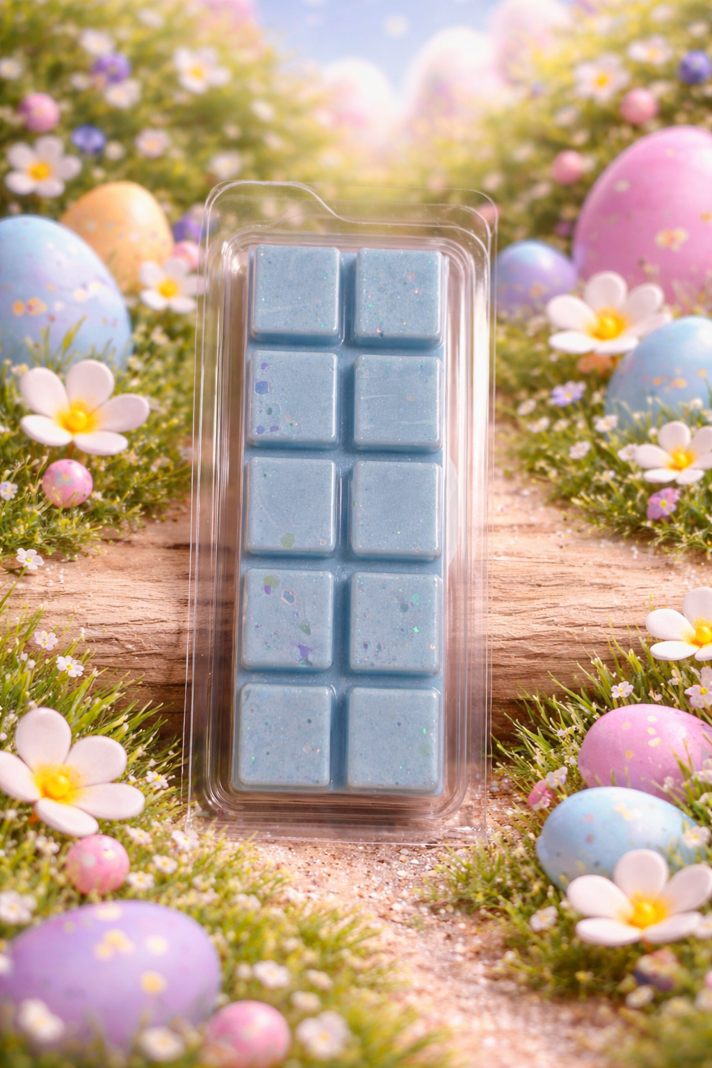 Pack of blue wax melts in a clear plastic case with Easter eggs and flowers in the background