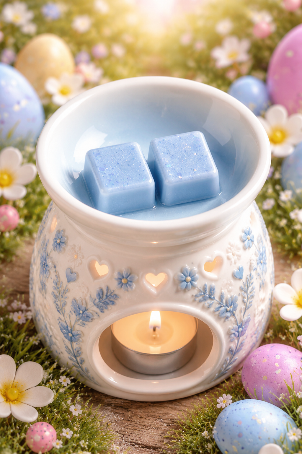 A white ceramic wax warmer with blue floral patterns and a lit tea light candle inside, with two blue wax cubes in the top bowl. The scene is styled with small white flowers, pastel Easter eggs, and a soft glowing background.