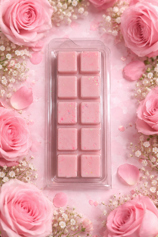 Pink wax melt mold surrounded by pink roses and flowers