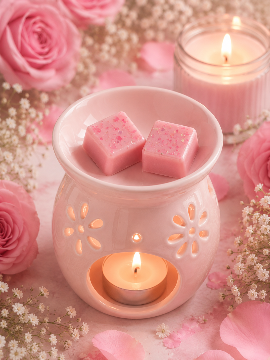pink wax melts in burner with candle and rose background theme.