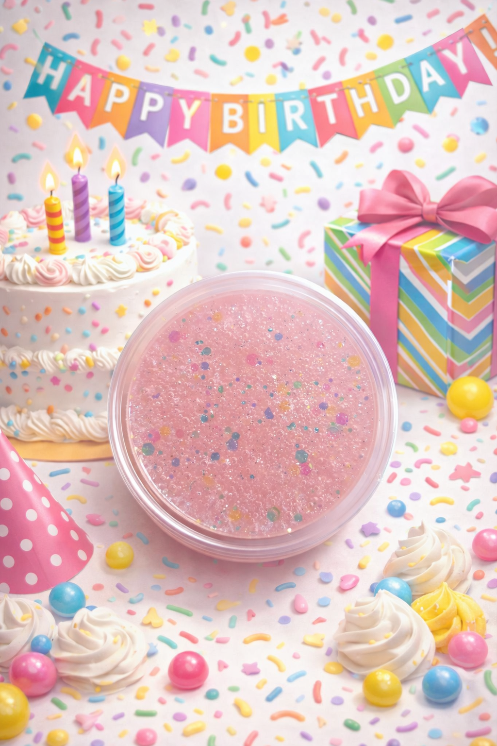 Sprinkled birthday cake gel wax melt pot with Birthday-themed background with cake, candles, and gift box.