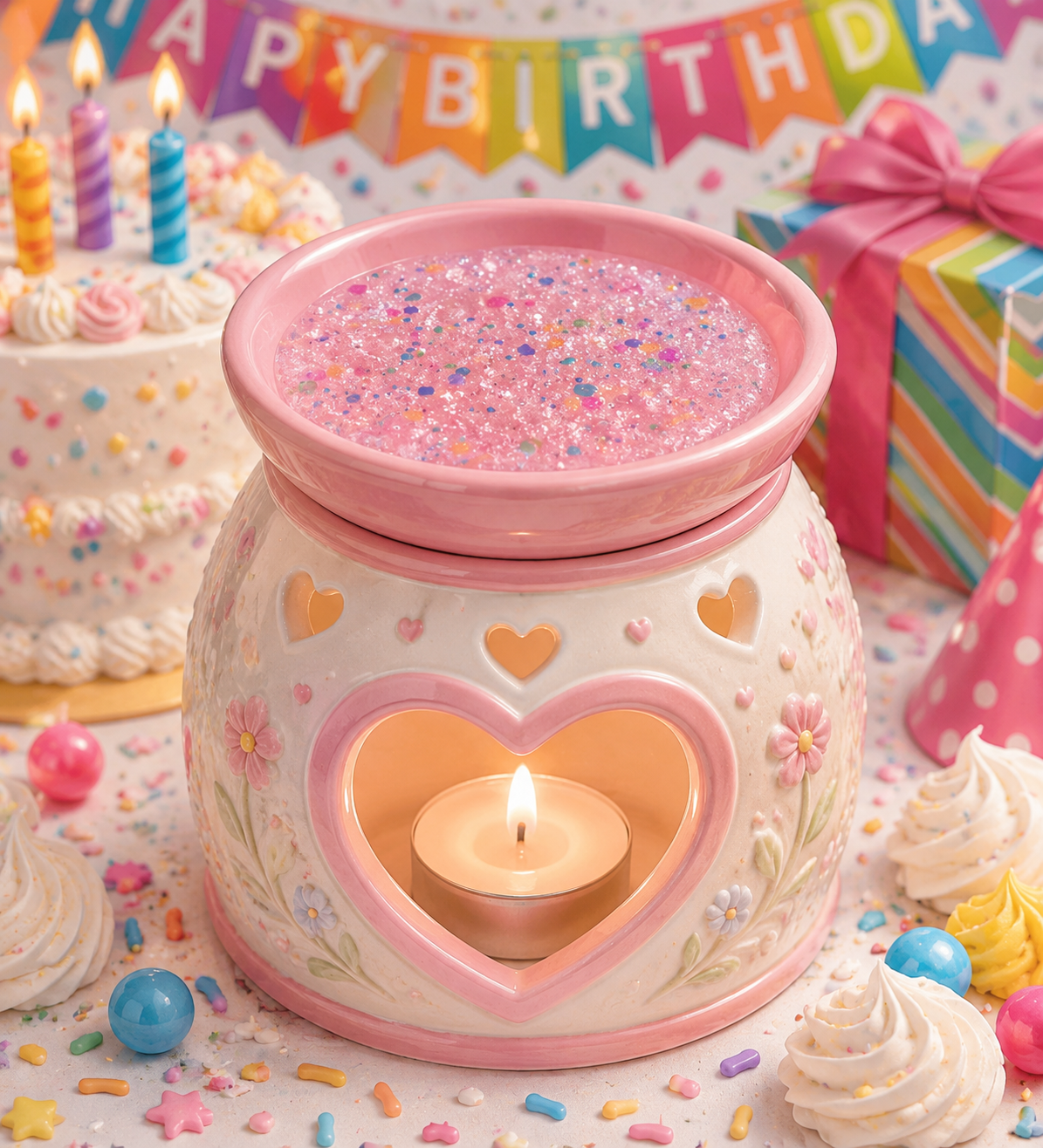 A pink and cream heart-shaped wax warmer candle holder with a lit tealight candle inside with gel wax in well, surrounded by birthday-themed decorations including a cake, gift box, confetti, and a colorful 'Happy Birthday' banner in the background.