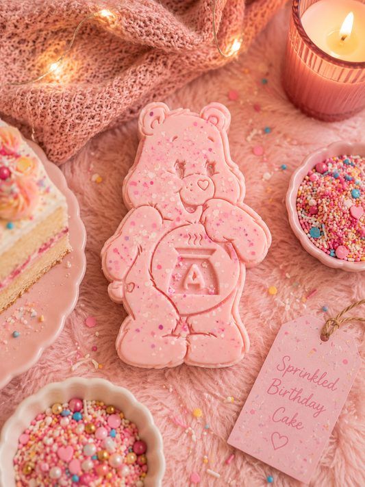Sprinkled birthday cake wax melt shape surrounded by cake decor.