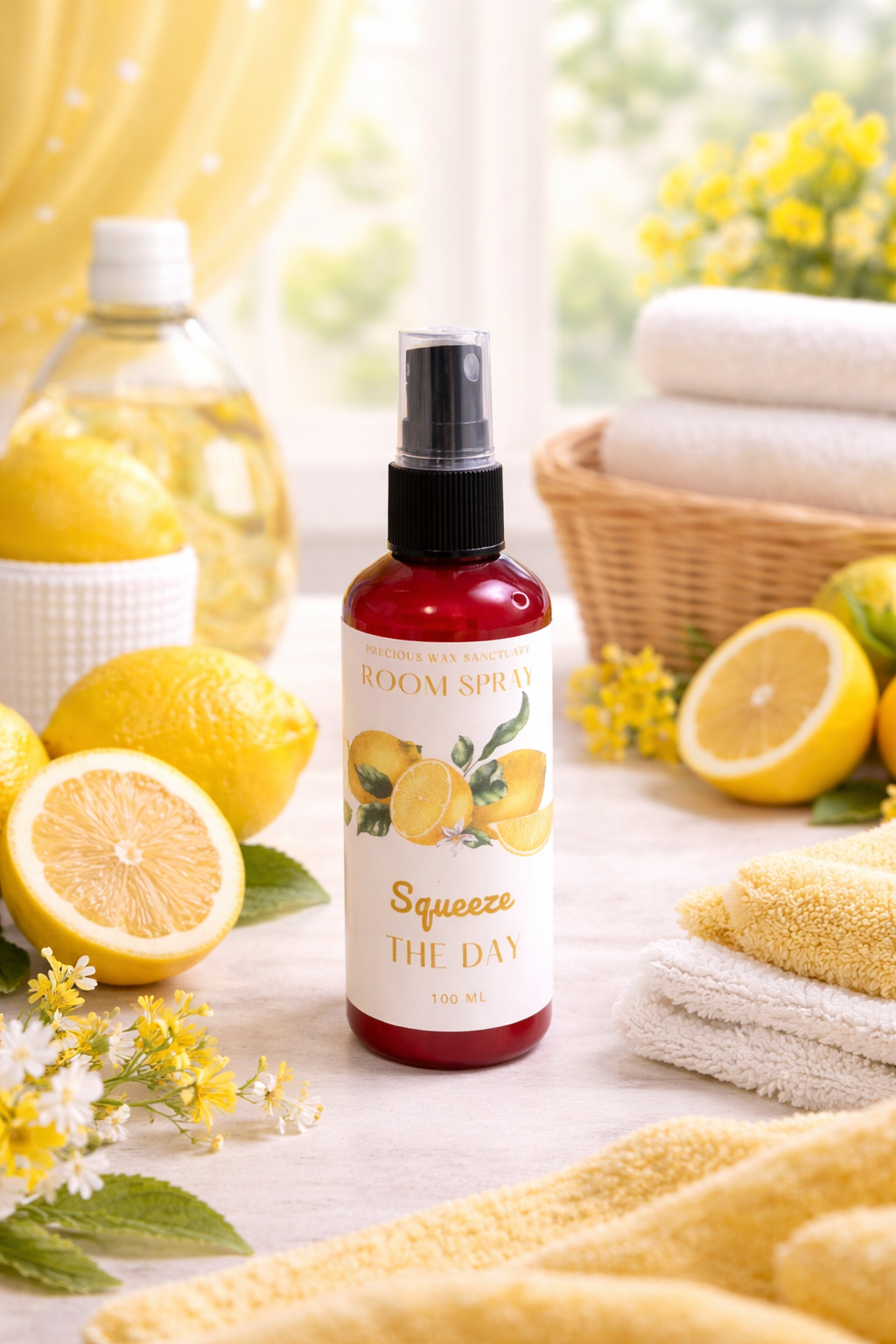 Bottle of lemon-scented room spray surrounded by lemons and towels on a bright background