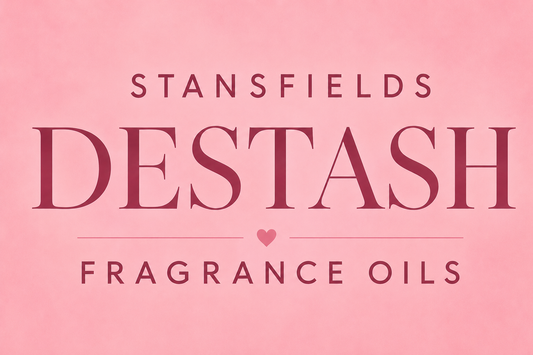 Pink photo with text Stansfields Destash Fragrance oils