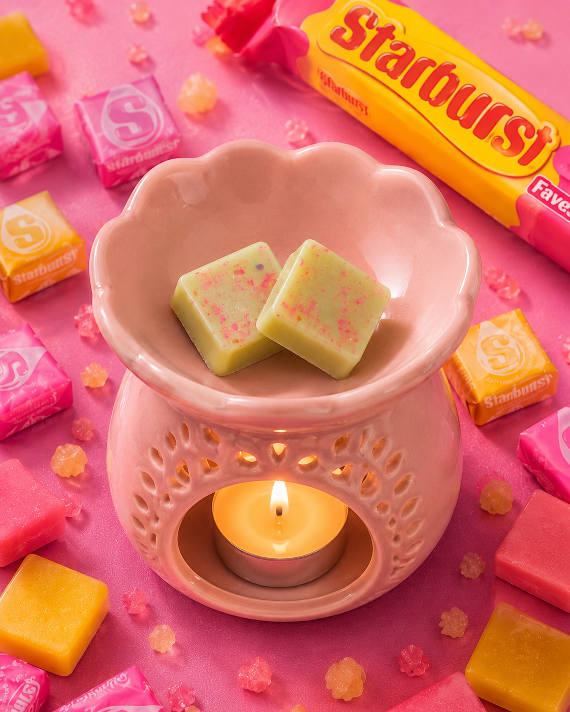 A pink ceramic wax warmer with a lit tealight candle inside, holding two pale green wax cubes speckled with pink. The scene is styled with pink and yellow Starburst candy pieces and a Starburst tube on a bright pink background.