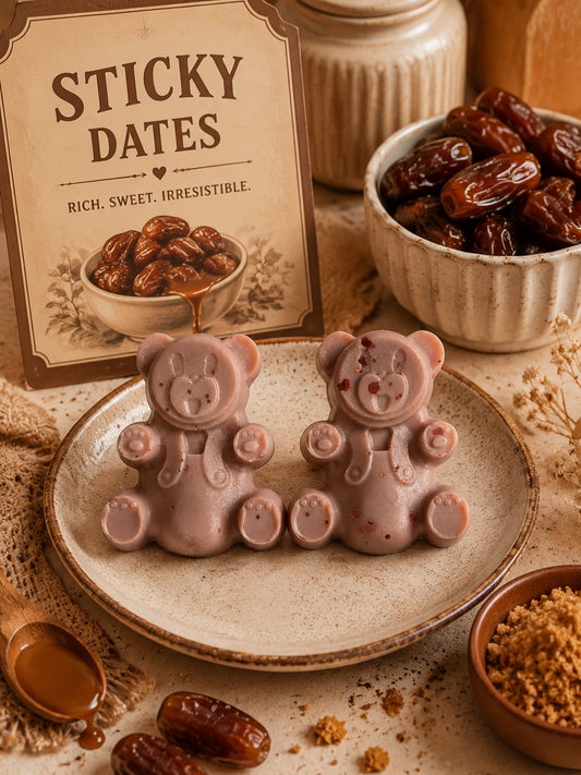 Sticky dates scented wax melts surrounded by matching background.