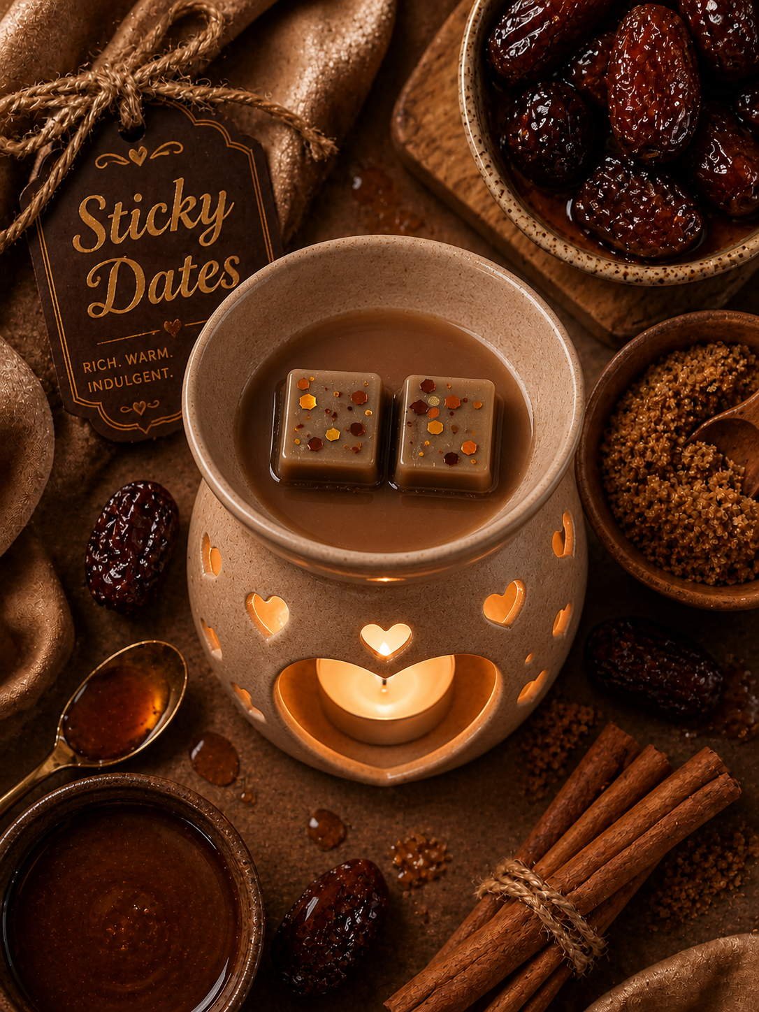 sticky dates wax melt in burner surrounded by dates, cinnamon and decor.