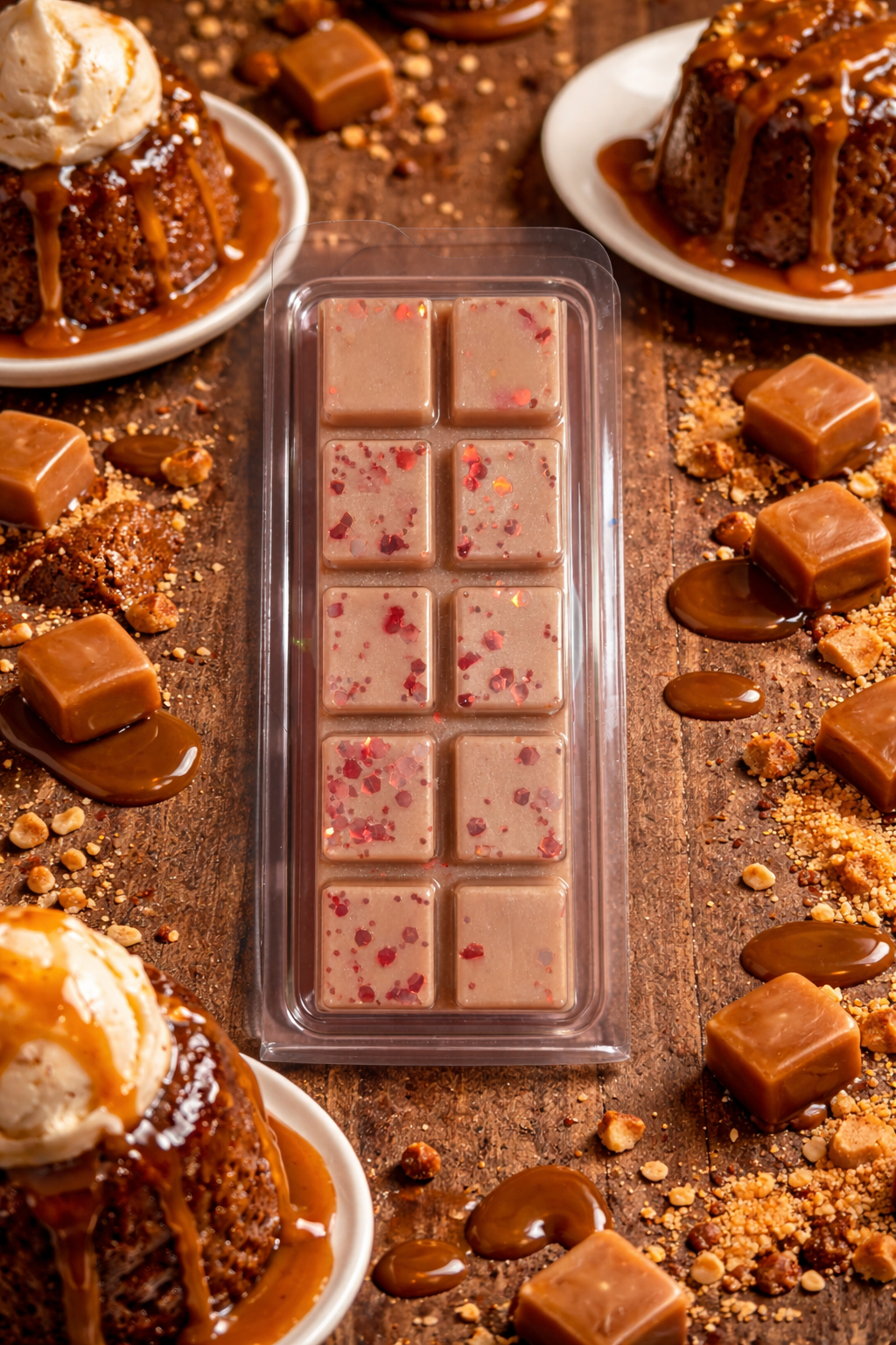 Packaged wax melts with a caramel and nutty base on a wooden surface with caramel and dessert plates.