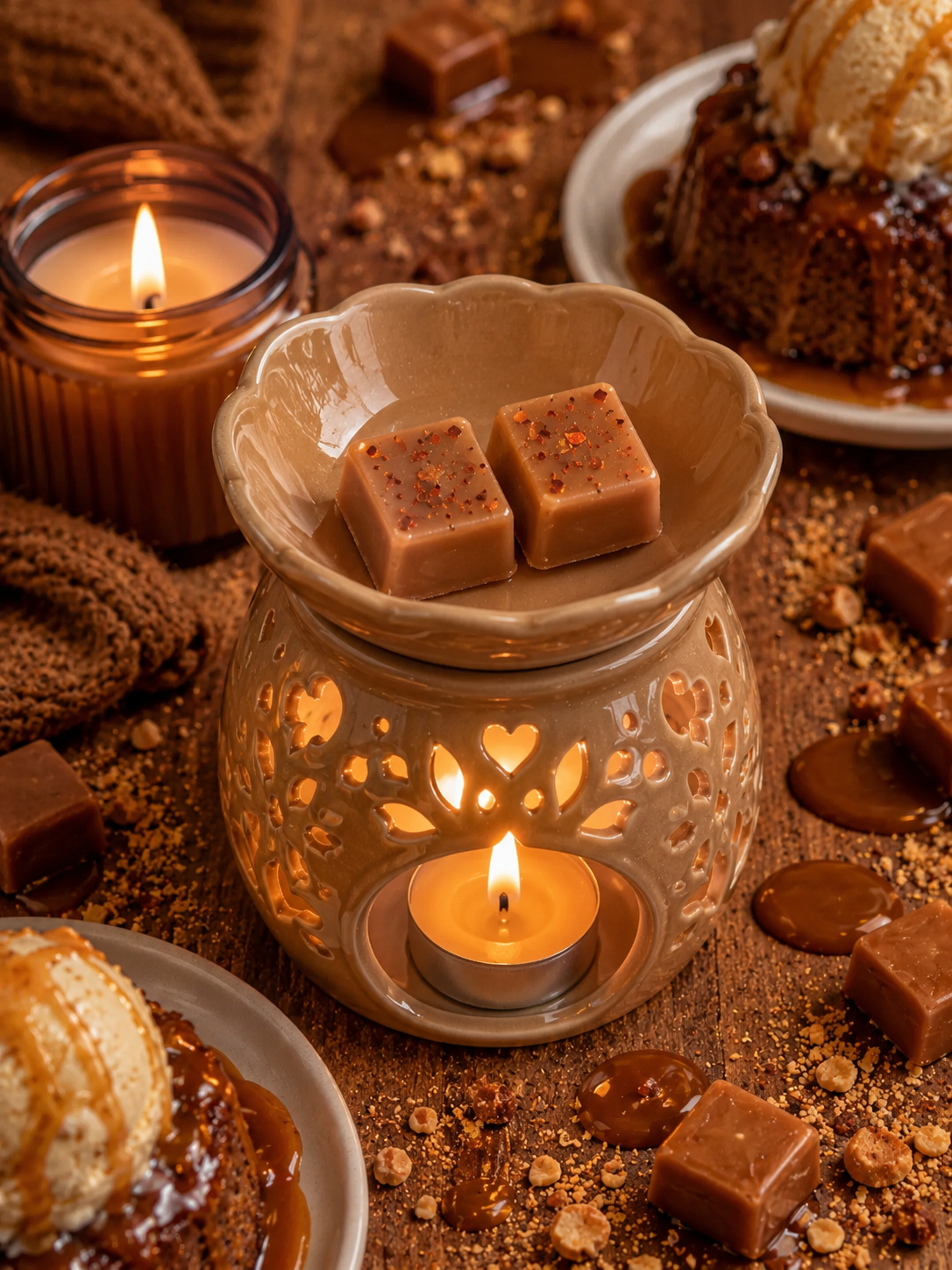 sticky toffee pudding wax melts in burner with decorative sticky toffee pudding and candle background.