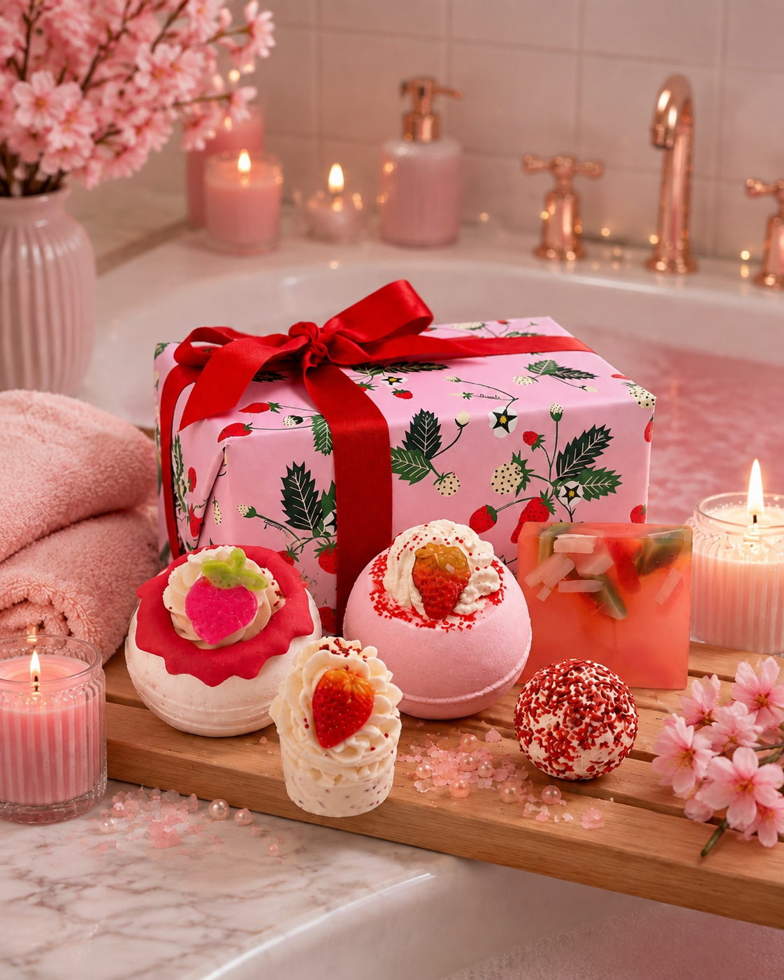 A pink gift box wrapped in a red ribbon with a berry print sits on a wooden tray beside three decorated bath bombs, candles, and pink flowers in a spa-like bathroom setting.