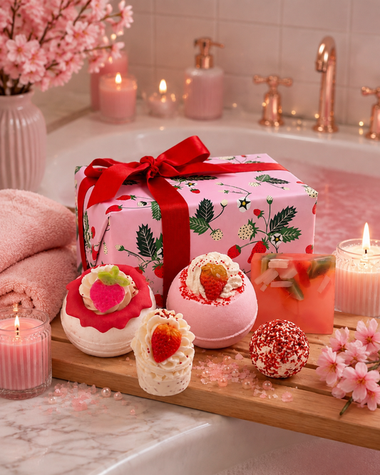A pink gift box wrapped in a red ribbon with a berry print sits on a wooden tray beside three decorated bath bombs, candles, and pink flowers in a spa-like bathroom setting.