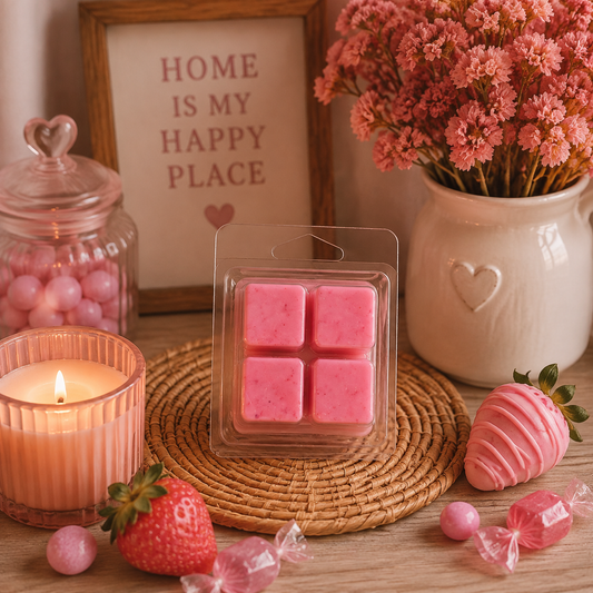 Strawberry bon bon wax melt in home surrounded by strawberries and sweets.