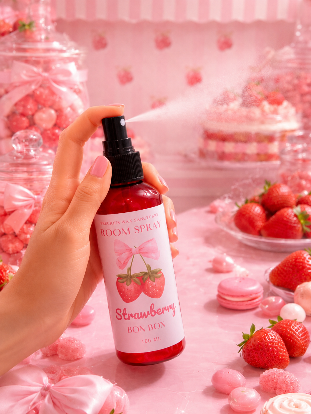 Strawberry bon bon room spray spritzing with candy sweet strawberry background.