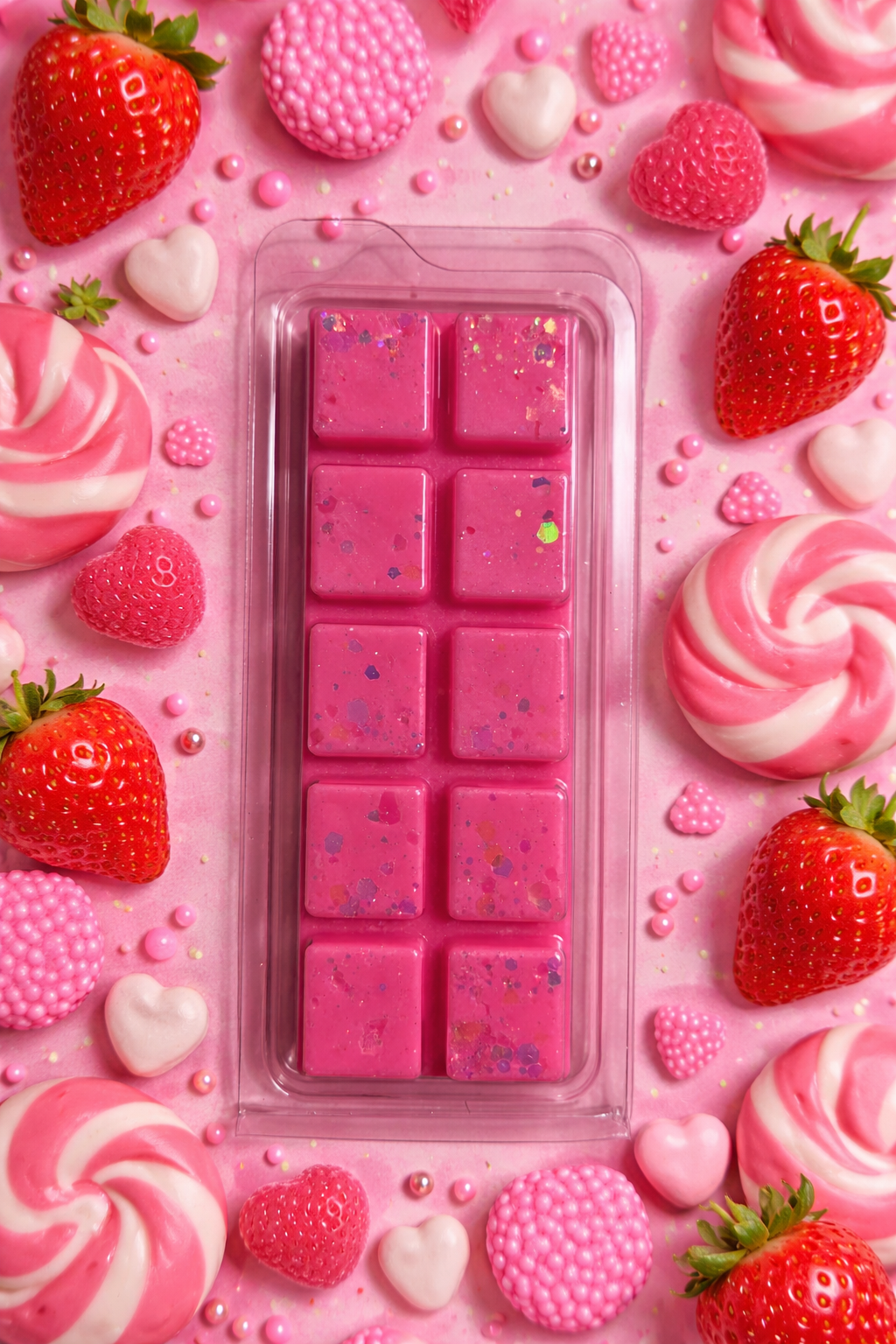 Pink wax melt surrounded by strawberries, lollipops, and hearts on a pink background