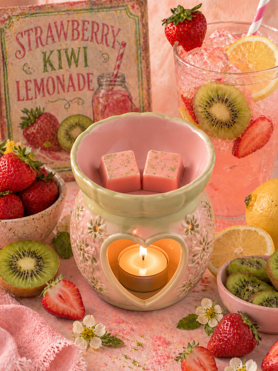 Strawberry Kiwi Lemonade wax melts in burner with matching theme.