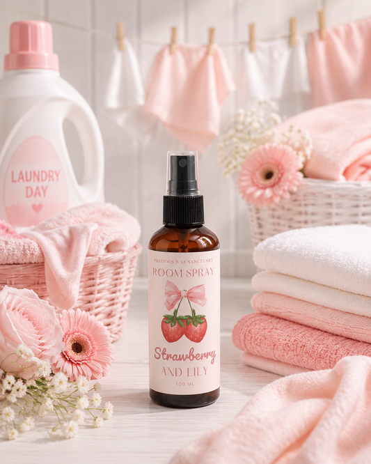 A bottle of room spray labeled 'Strawberry and Lily' stands centered on a light wood surface, surrounded by pink and white towels, flowers, baskets, and a laundry detergent bottle in the background. The scene is styled in a soft pastel bathroom or laundry-themed setting.