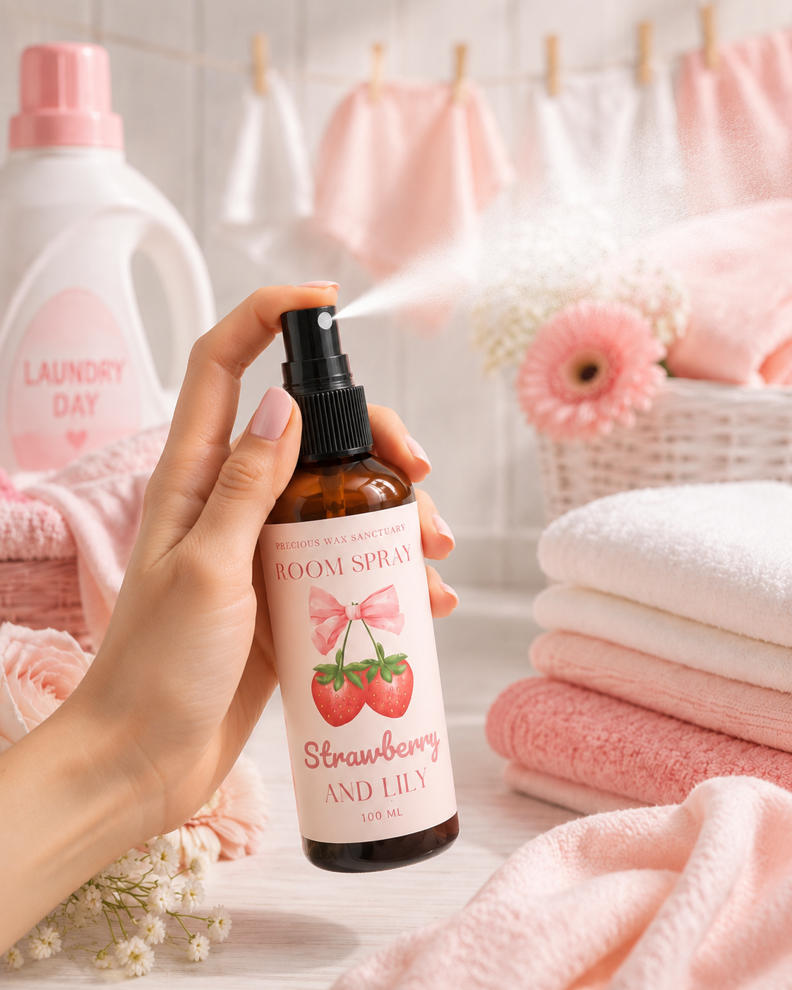 A hand holds a room spray bottle labeled 'Strawberry and Lily' while misting a white garment. The scene is styled with pink and white towels, a laundry detergent bottle in the background, and a soft pink floral arrangement.