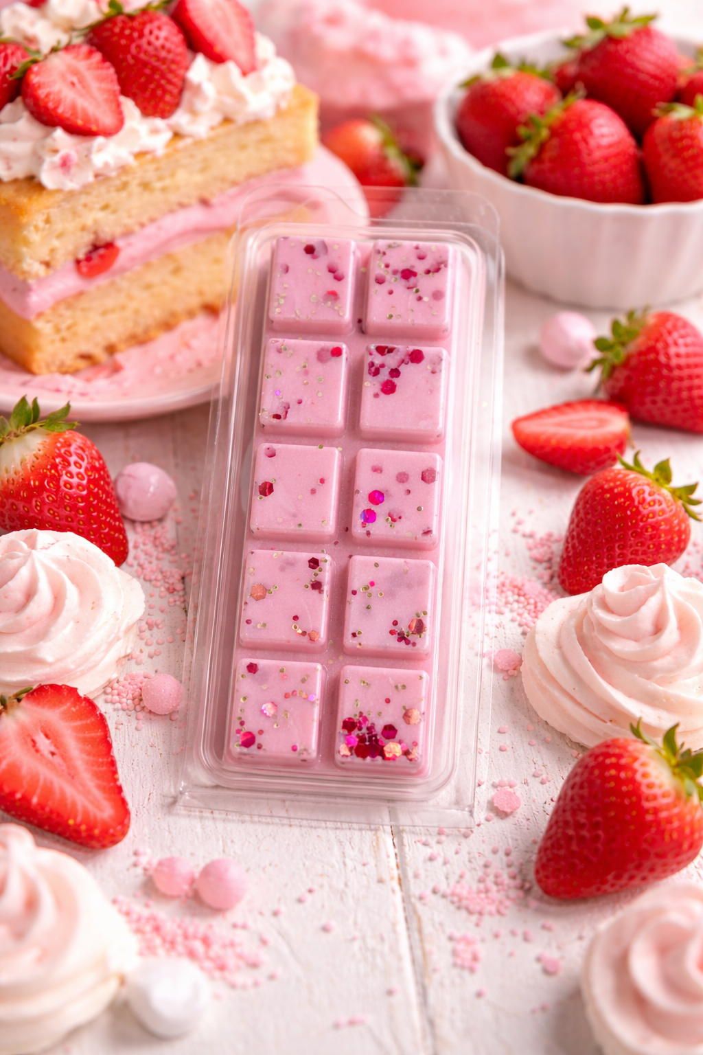 Pink wax melt bar with decorative elements on a table with strawberries and cake.