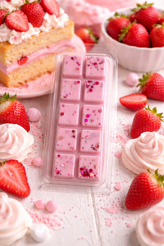 Pink wax melt bar with decorative elements on a table with strawberries and cake.