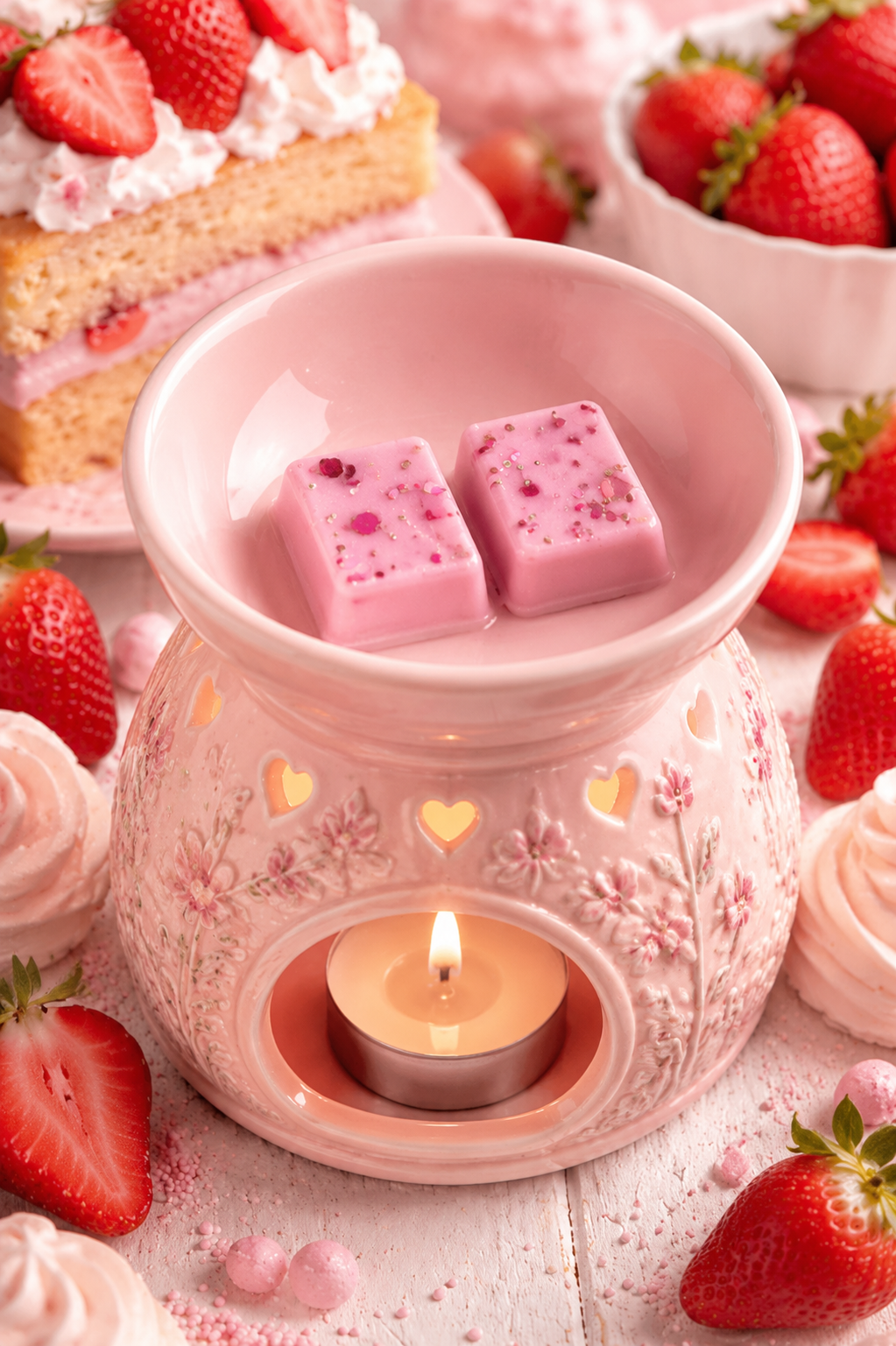 Strawberry wax melts in burner surrounded by strawberries and cake. 