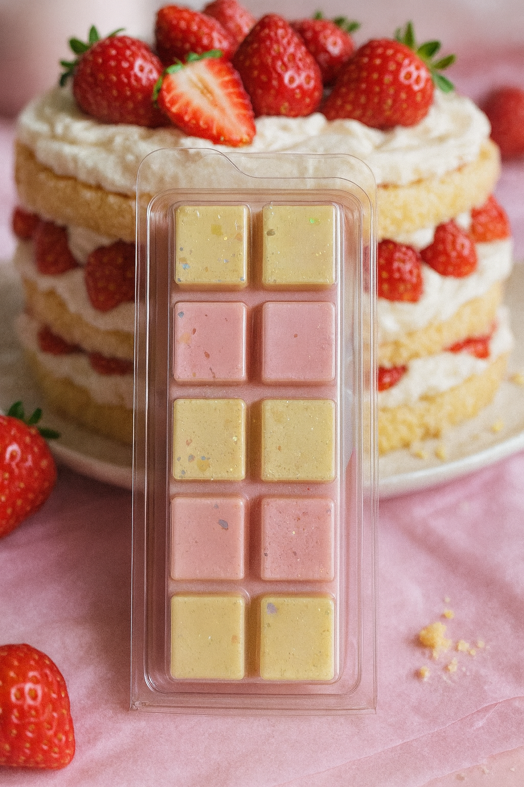 Layered cake with strawberries and a pink and yellow wax melt bar on a pink background