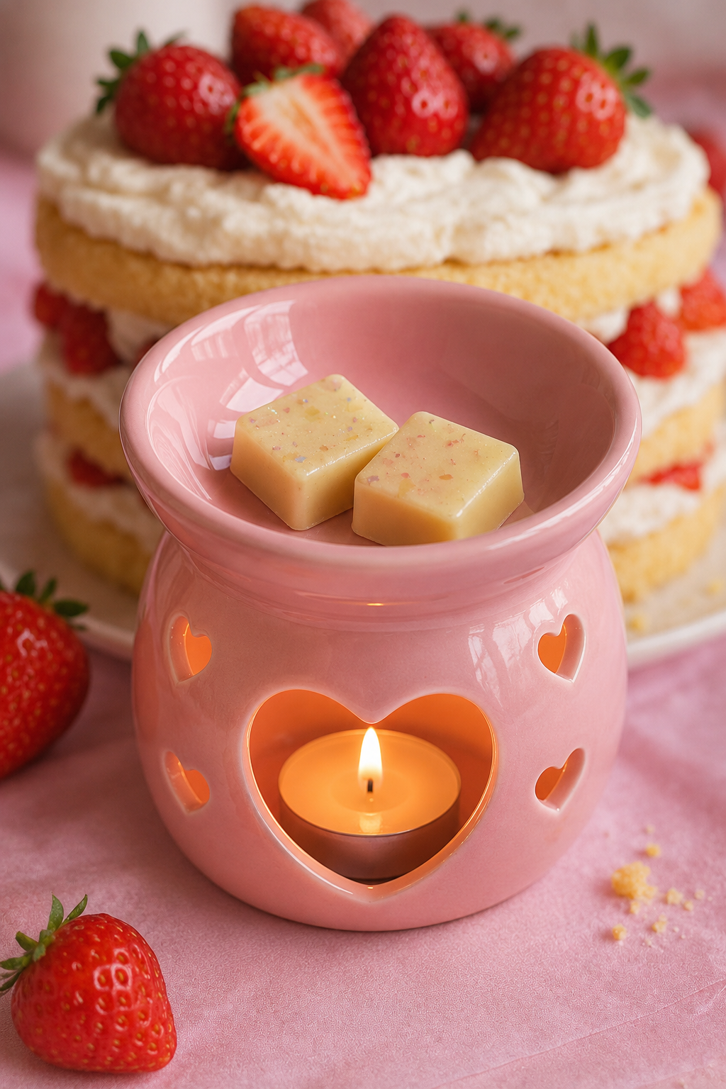strawberry shortcake wax melts in burner with strawberry cake behind.