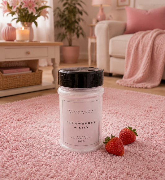 A jar of carpet freshener labeled 'Strawberry & Lily' sits on a fluffy pink rug in a cozy living room setting with strawberries nearby.