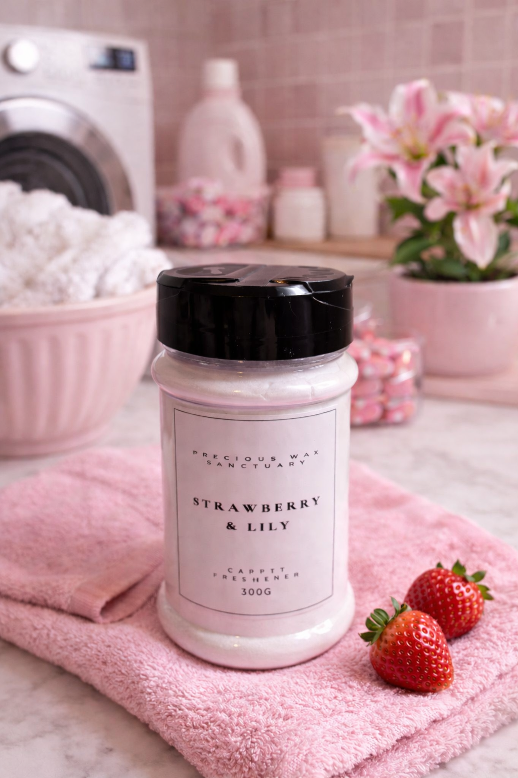 Bottle of 'Strawberry & Lily' carpet freshener on a pink towel with strawberries and laundry items in the background.