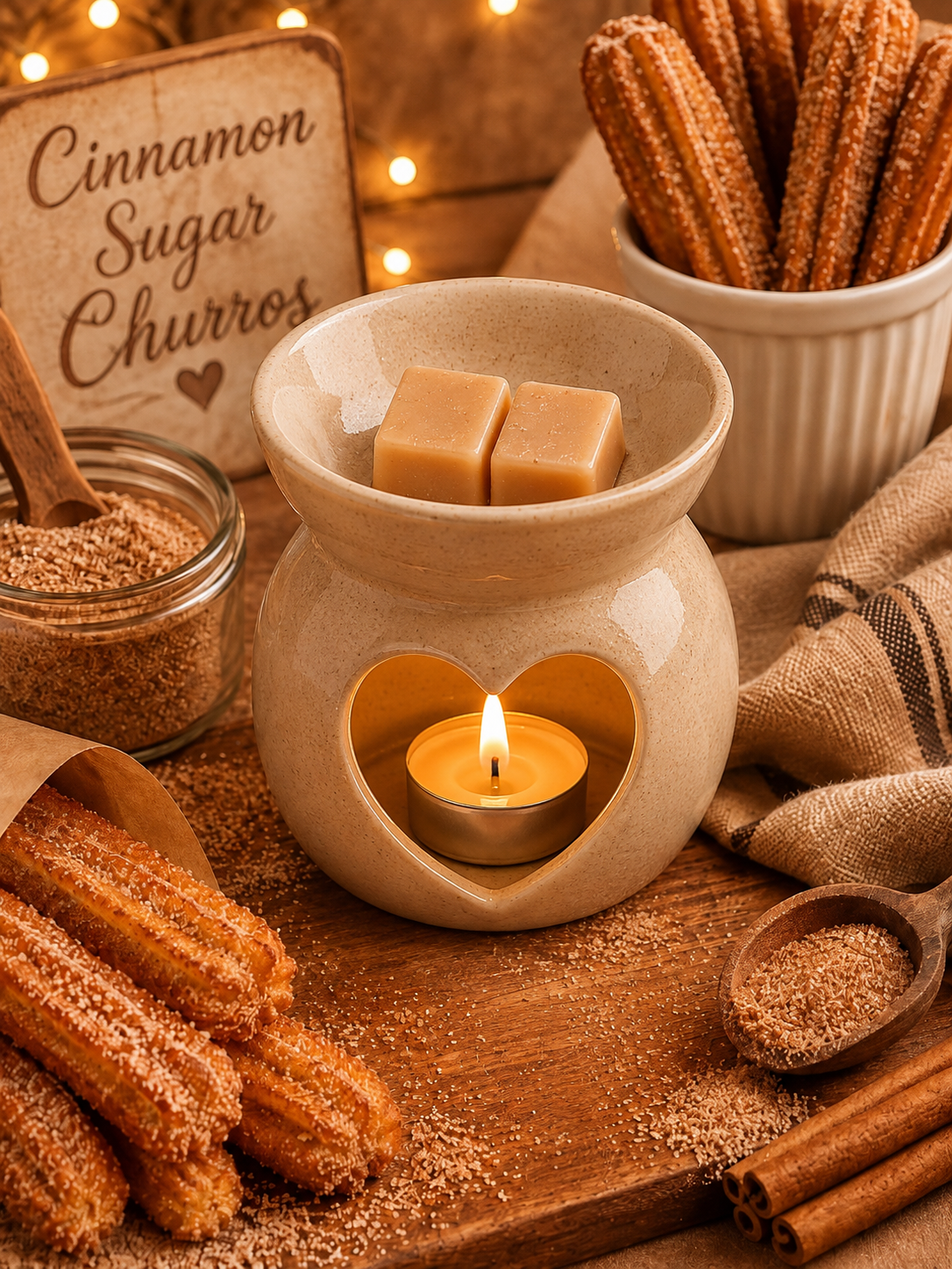 A warm, cozy tabletop scene featuring a beige ceramic heart-shaped candle warmer with a lit tealight candle inside, topped with two square pieces of caramel. Surrounding props include cinnamon sticks, sugar, a jar of cinnamon sugar, a sign reading 'Cinnamon Sugar Churros,' and a bowl of churros, all arranged on a wooden surface with string lights in the background.