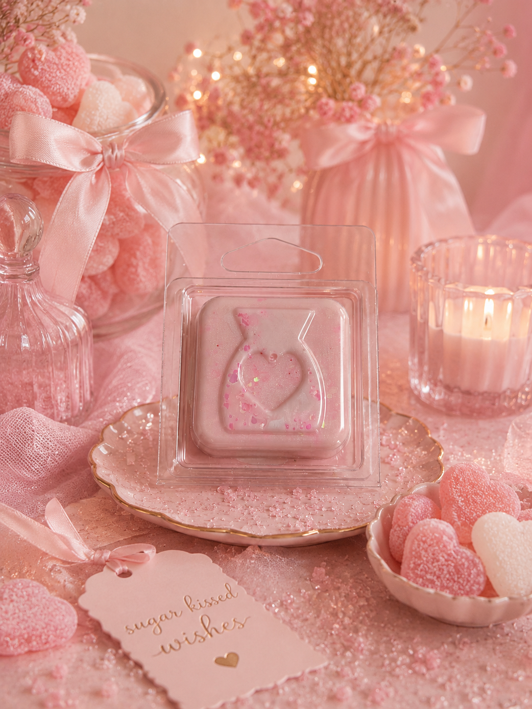 Pink wax melt with candy and decorative items on a table with a 'sugar lined wishes' tag.