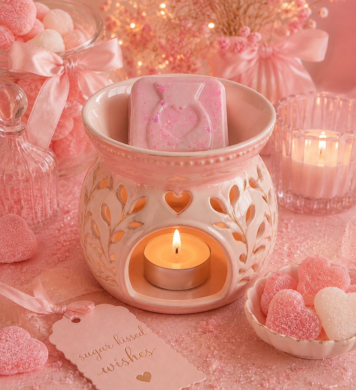 A pink ceramic wax warmer with a lit tealight candle inside with wax melt, set on a pink surface with heart-shaped candies, a tag reading 'sugar kissed wishes,' and soft decorative background elements.