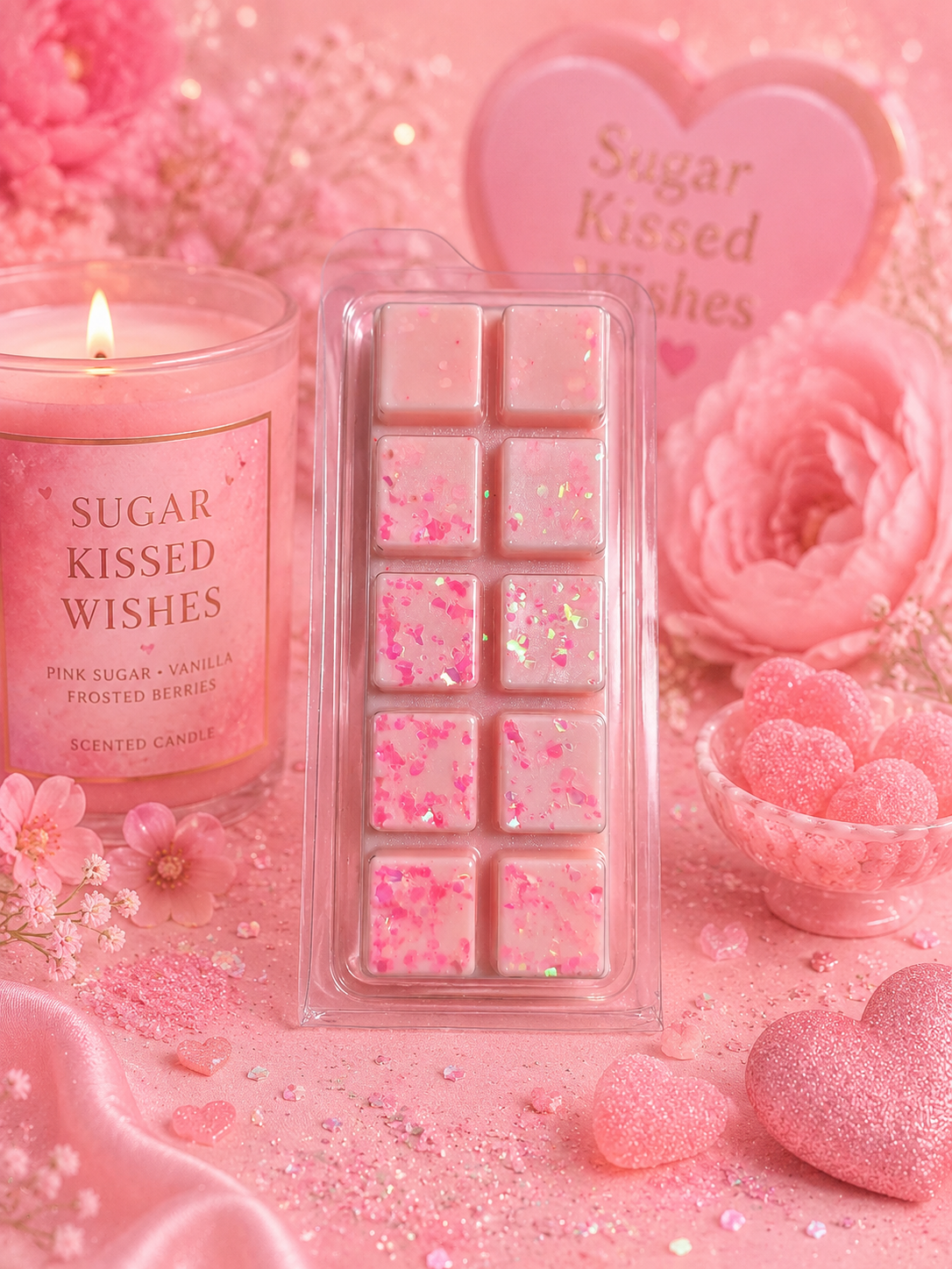 Pink 'Sugar Kissed Wishes' candle and wax melts with decorative hearts and flowers on a pink background.