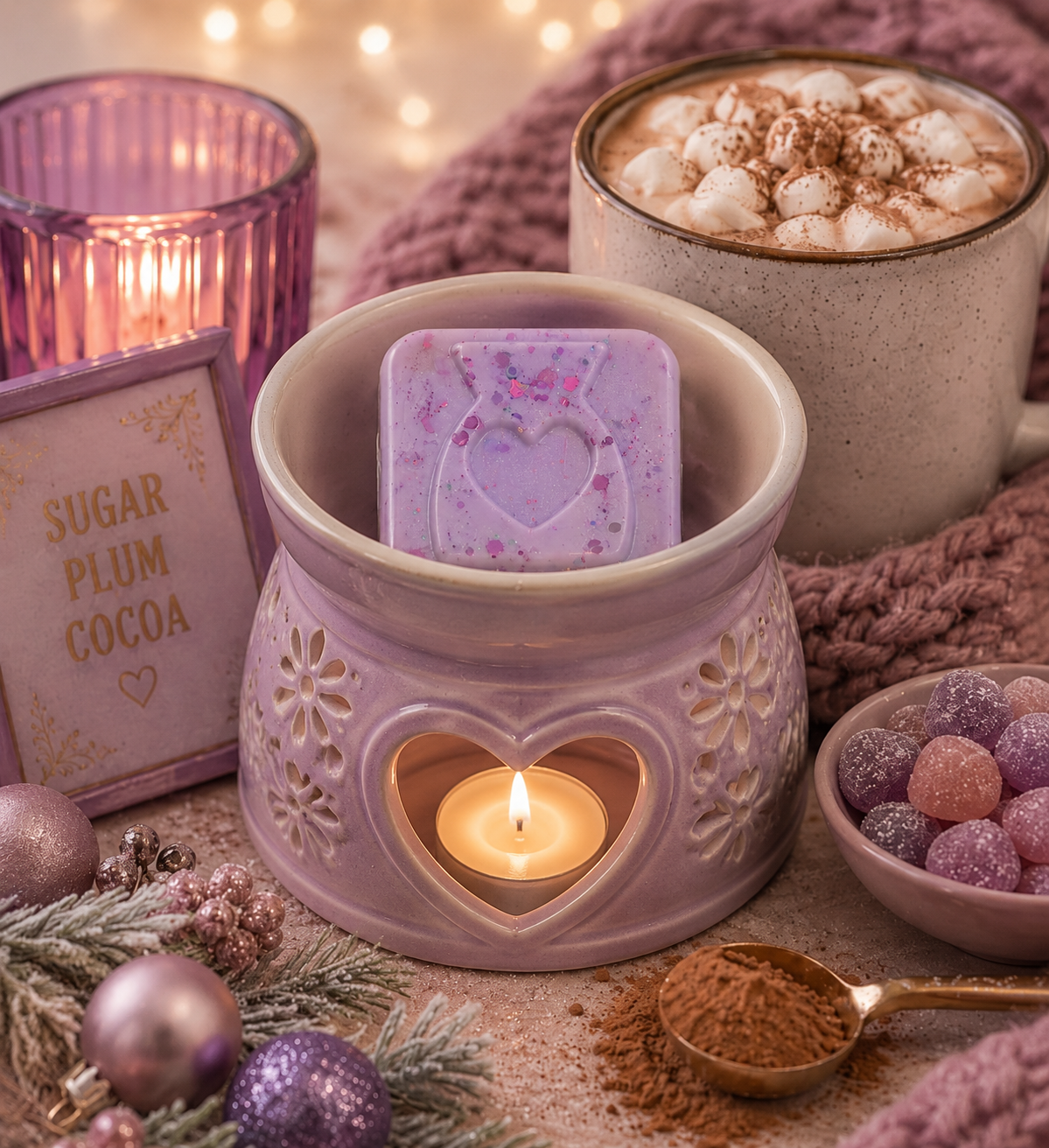 A lavender wax melt with a heart design sits in a matching ceramic wick burner candle holder, lit with a wax melt. The scene is styled for cozy winter evenings with a mug of hot cocoa topped with marshmallows, a purple candle holder, a sign reading 'SUGAR PLUM COCOA', and festive ornaments.