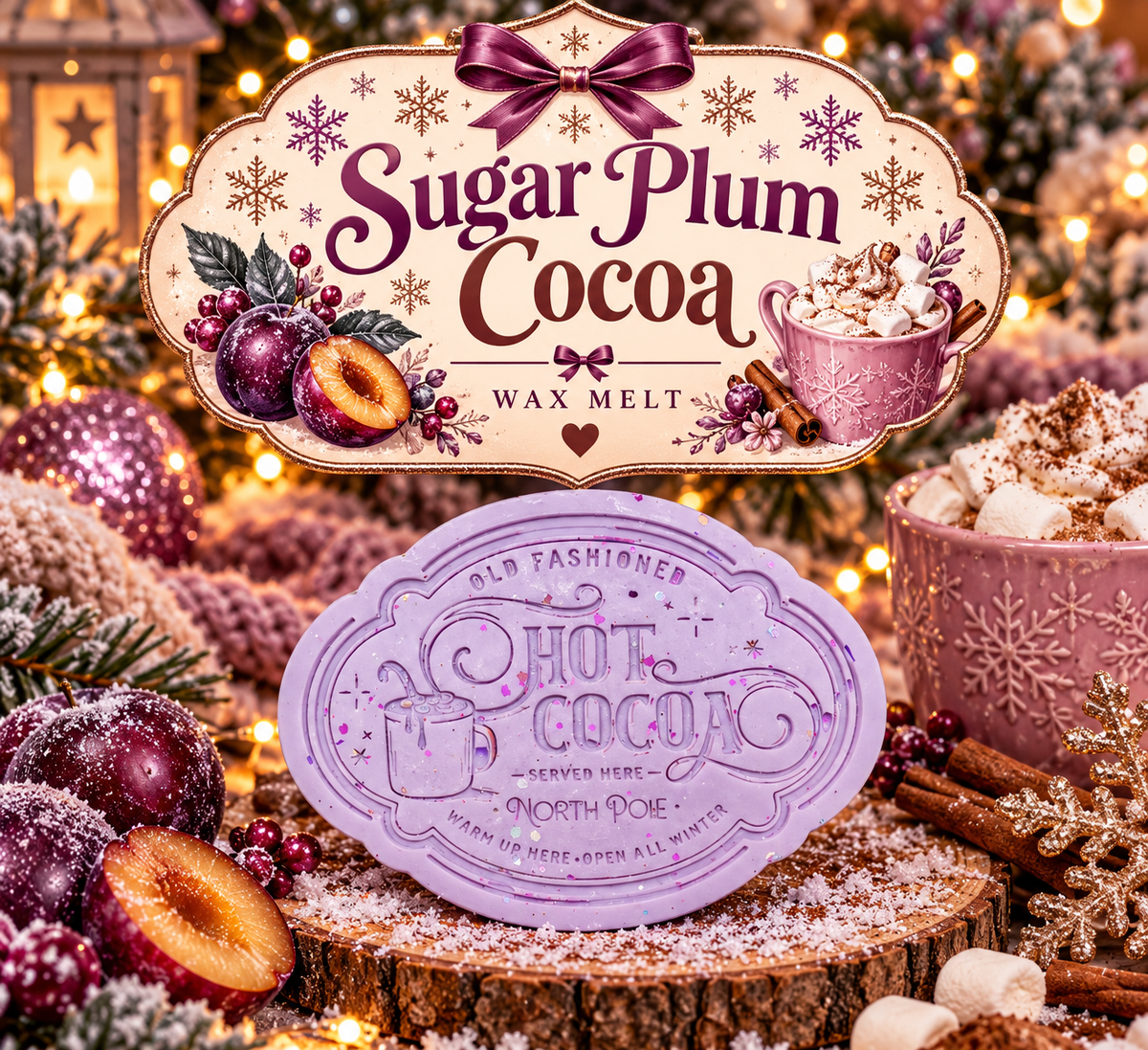 decorative wax melts displayed on a rustic wood slice with festive holiday props. The top label reads 'Sugar Plum Cocoa' in dark purple script with illustrations of plums, an apricot, snowflakes, and a pink mug of cocoa.
