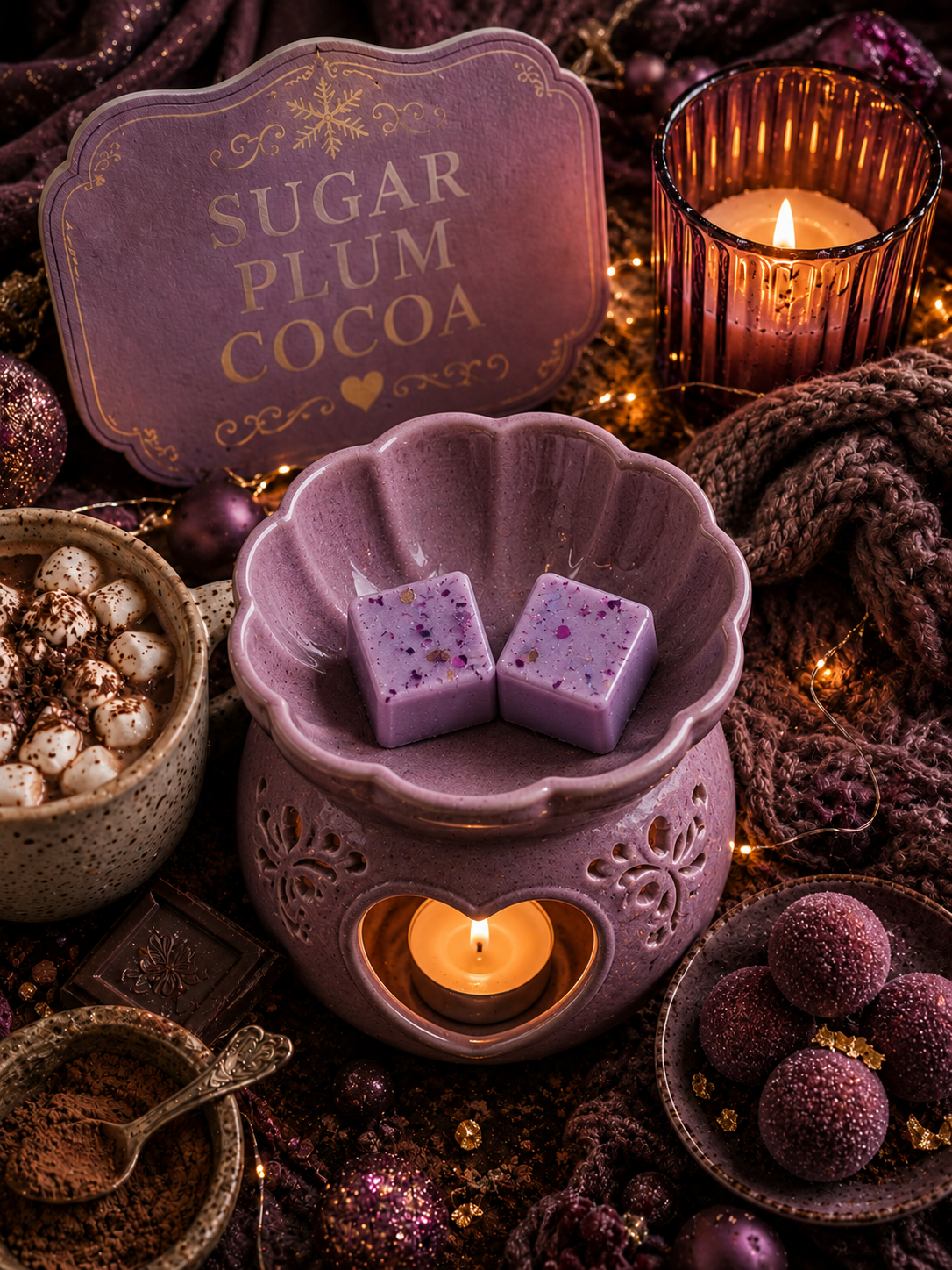 Sugar plum cocoa wax melts in burner with christmas plum purple magical theme.