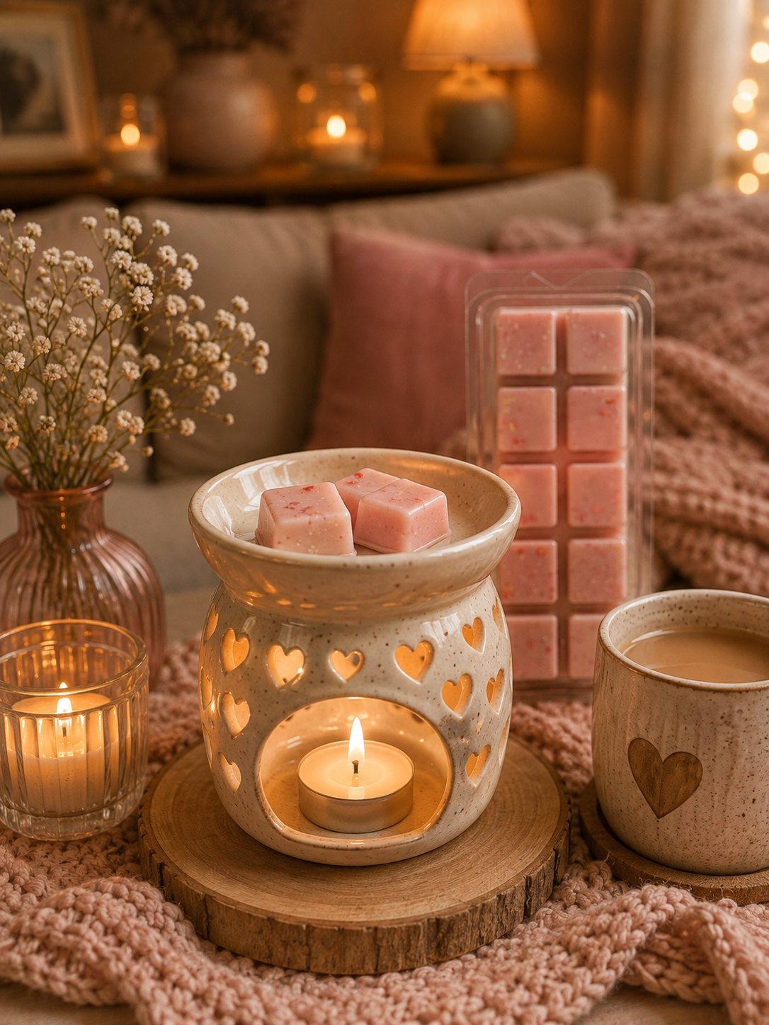 A cozy home scene with a pink wax melt set arranged on a knitted blanket. The set includes a ceramic heart-lit wax warmer with two pink wax cubes, a clear container of pink wax cubes, a candle in a heart mug, and a tea light candle in a glass holder, all styled with dried flowers and warm background lights.
