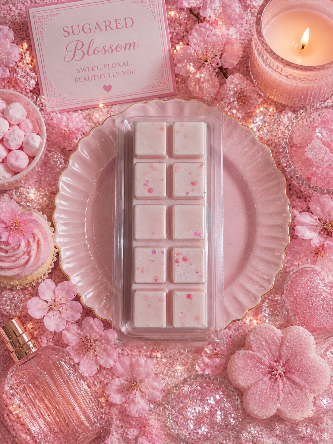 Pink wax melts on a decorative pink surface with flowers and a candle.