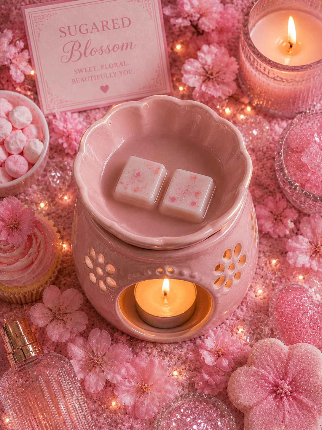 sugared blossom wax melts in pink wax warmer with sugary pink items and candle.