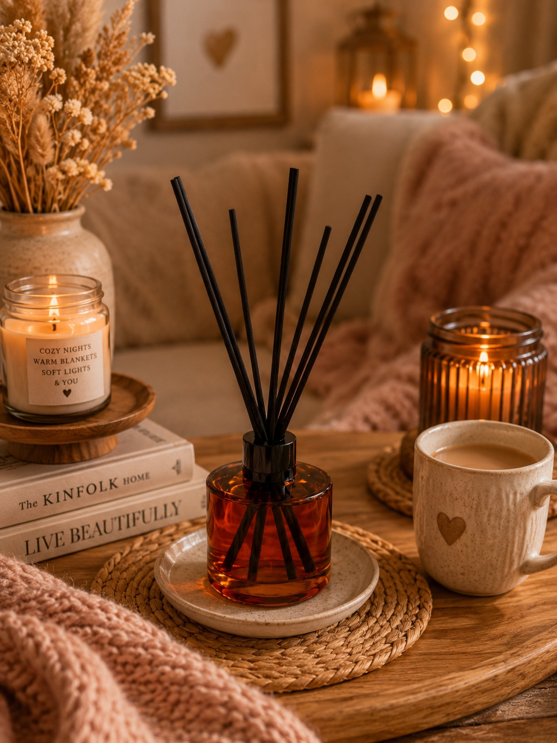 A reed diffuser with amber glass and black reeds sits on a woven tray in a cozy living room setting, surrounded by candles, a mug with a heart, books, and dried flowers.