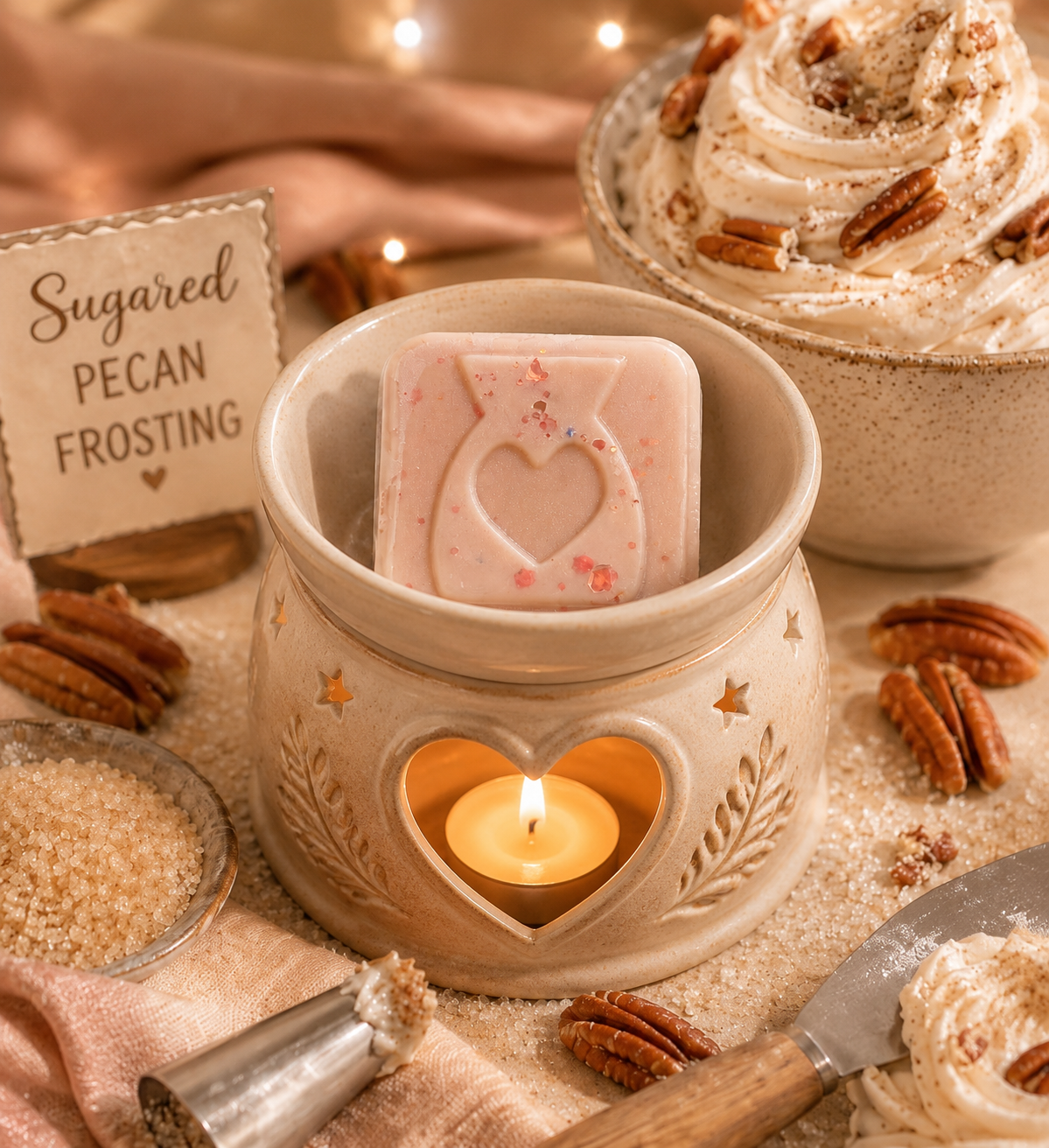 Brown wax melt in burner surrounded by bakery decor.