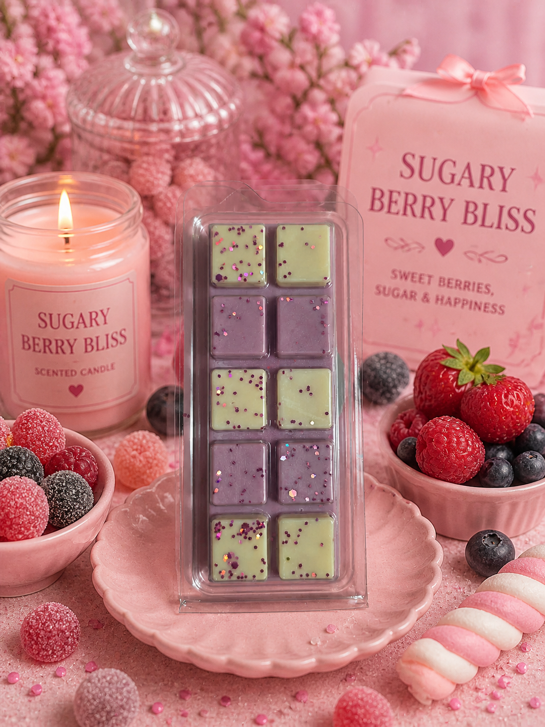 sugary berry bliss wax melt surrounded by candle, berries and candy.