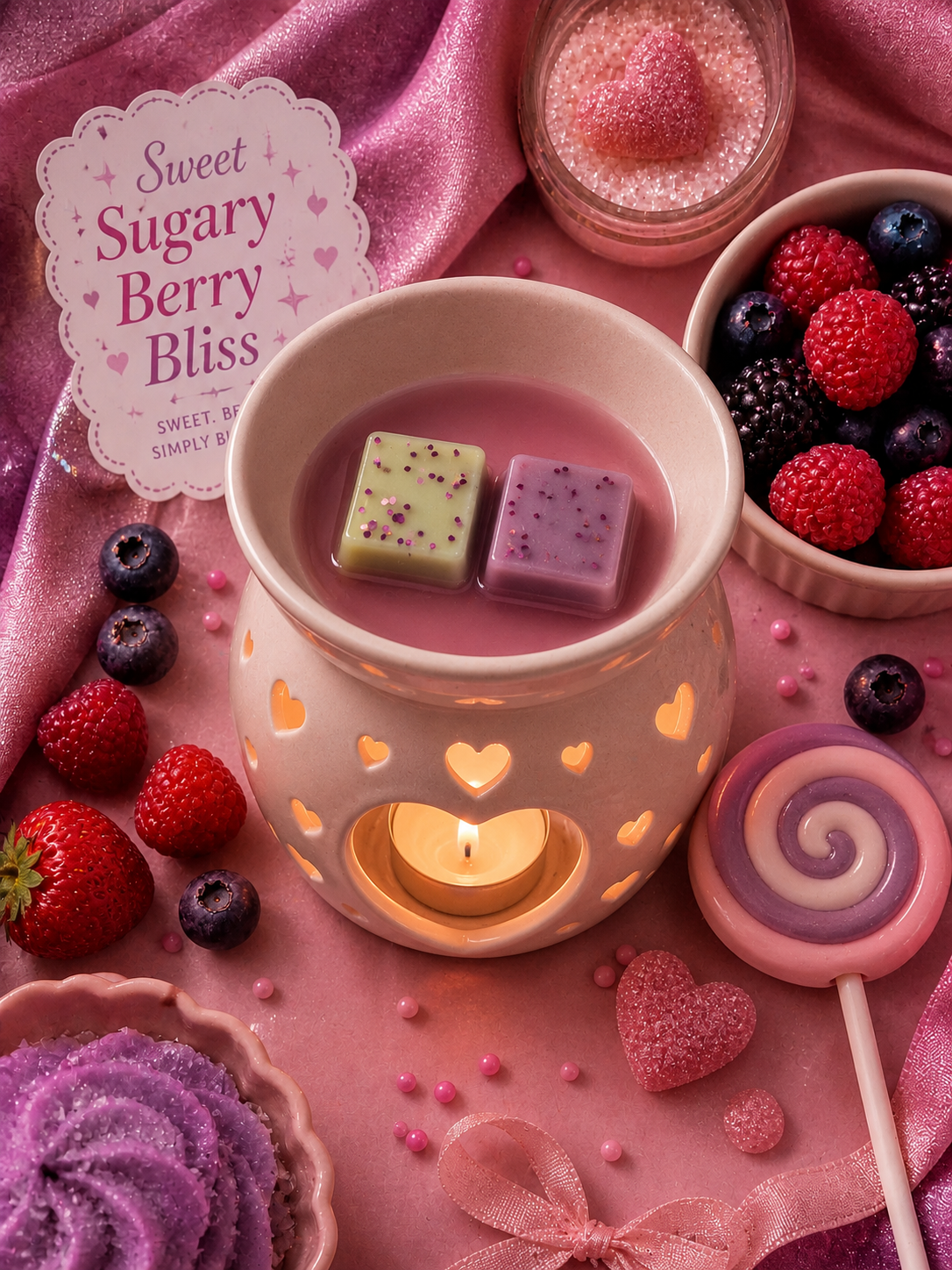 A pink and purple 'Sweet Sugary Berry Bliss' wax melt set in a heart-themed ceramic warmer, surrounded by fresh berries, a lollipop, and a decorative tag on a pink satin background.