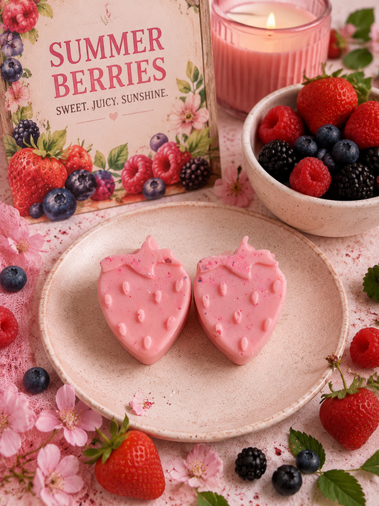 Two pink strawberry-shaped wax melts on a beige plate, styled with fresh strawberries, blueberries, raspberries, a candle, and a decorative box labeled 'Summer Berries' in a soft pink floral setting.