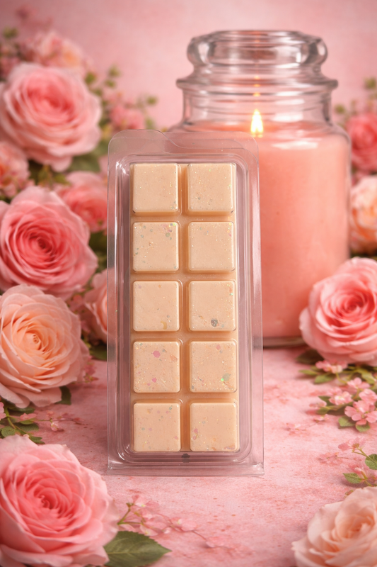 Square wax melts in a clear container with a lit candle and pink roses in the background