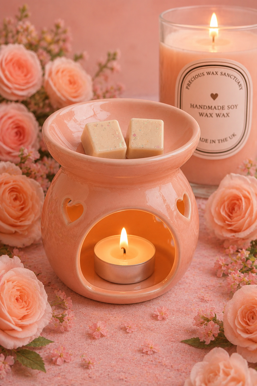 peach wax melts in burner with roses and candle background.