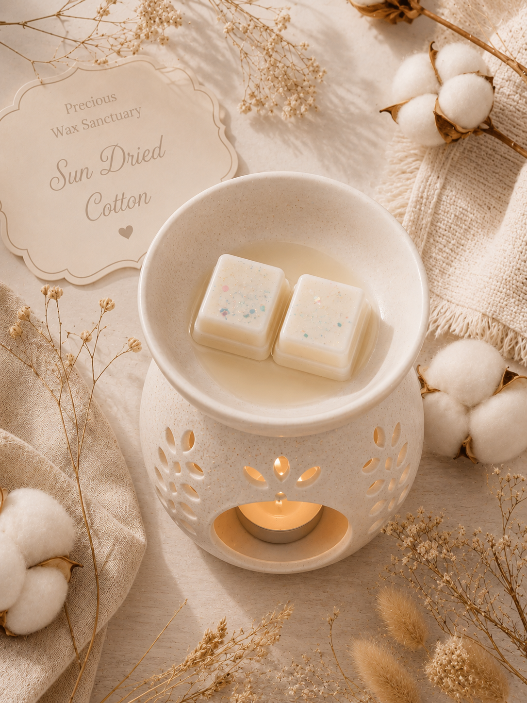 A ceramic wax warmer with a lit tea light candle sits on a beige fabric surface, holding two small square wax melts. The scene is styled with cotton bolls, dried flowers, and a card reading 'Precious Wax Sanctuary Sun Dried Cotton.