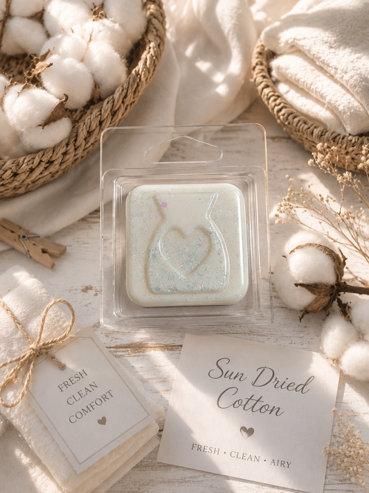 A packaged wax melt in a clear plastic clamshell package sits on a rustic white wood surface surrounded by cotton bolls, folded cream towels, and paper tags reading 'Fresh Clean Comfort' and 'Sun Dried Cotton'.
