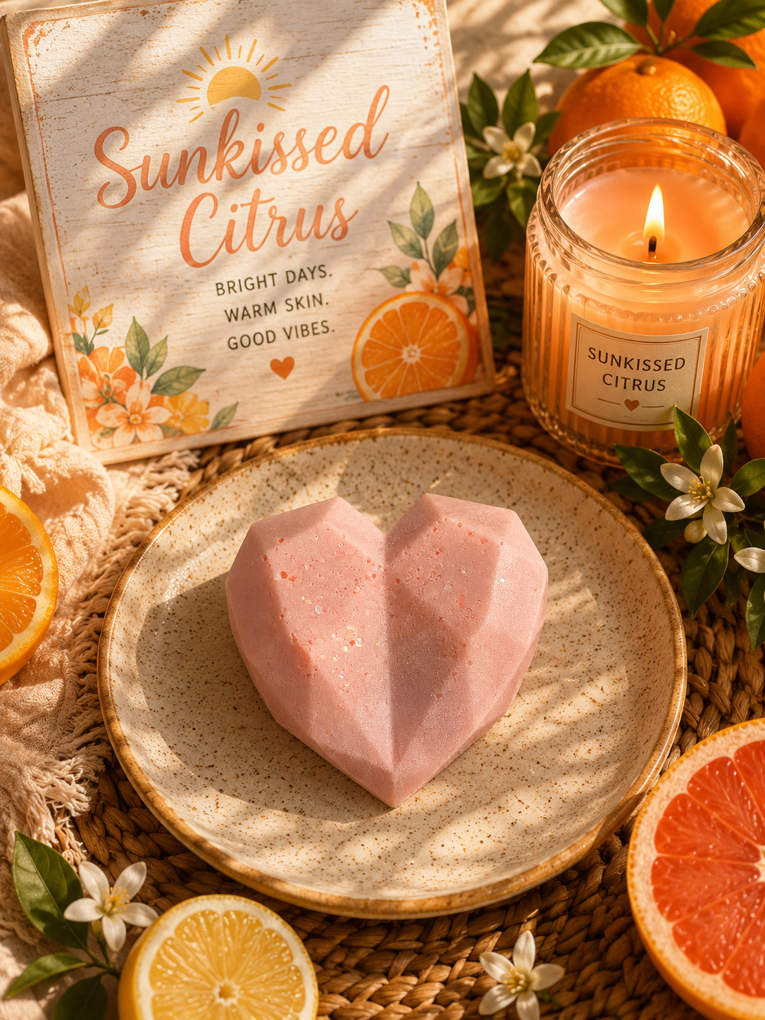 A heart-shaped wax melt sits on a speckled beige plate, styled with citrus slices, white flowers, a lit candle labeled 'Sunkissed Citrus,' and a decorative sign in a warm, sunlit setting.