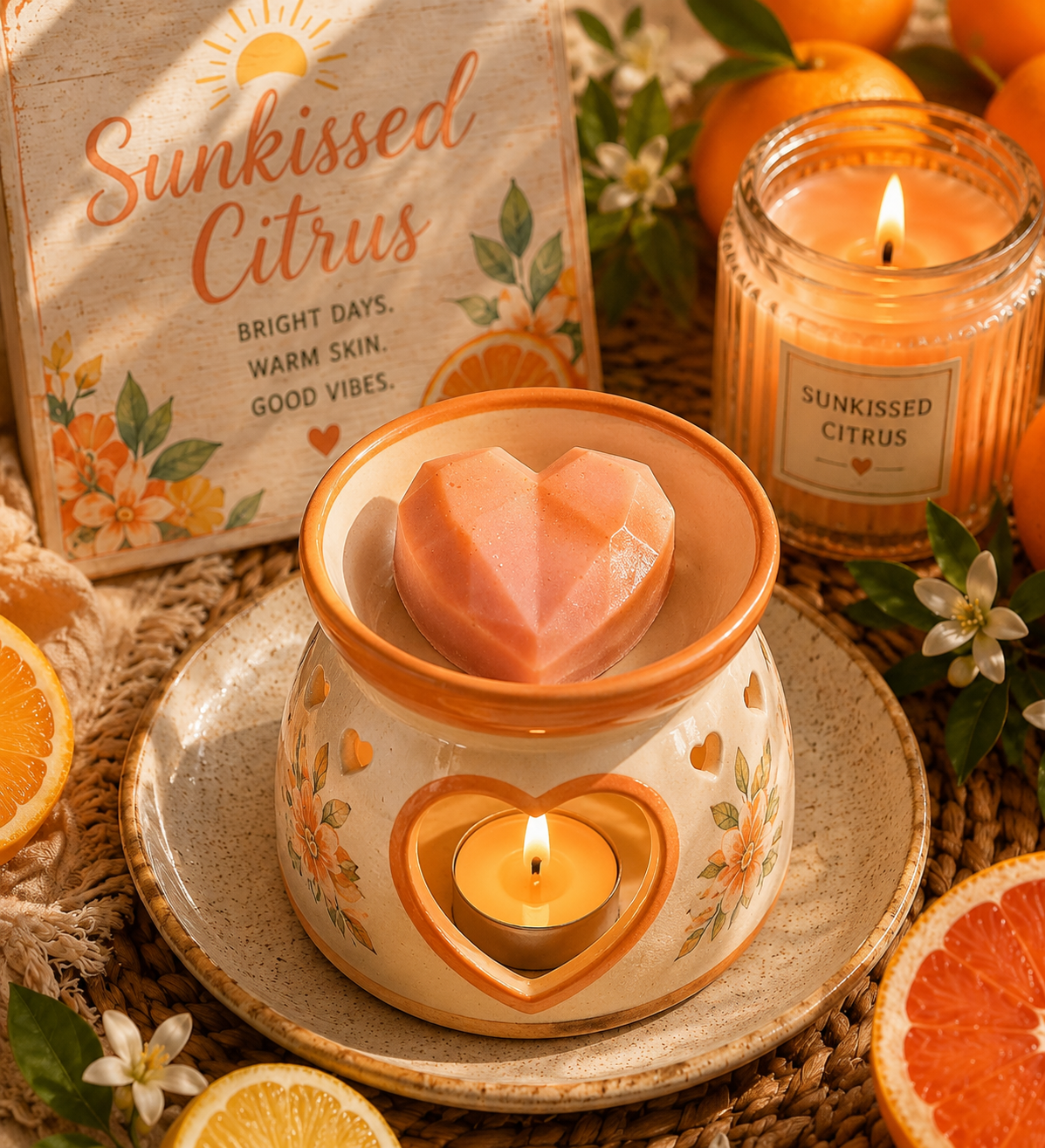 A warm, styled product scene featuring a ceramic heart-shaped wax warmer with a pink heart-shaped wax melt, a lit tealight candle inside, and a matching branded box and jar candle labeled 'Sunkissed Citrus,' surrounded by citrus slices, flowers, and woven mats.